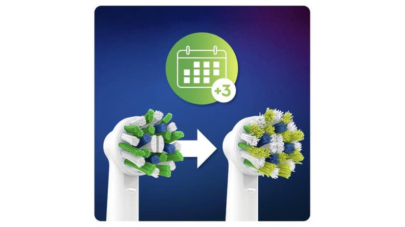 Een simpele explainer die uitlegt hoe de cleanmaximizer technologie werkt. Aan de linkerkant een borstel met groene haren, aan de rechterkant een borstel met gele haren.